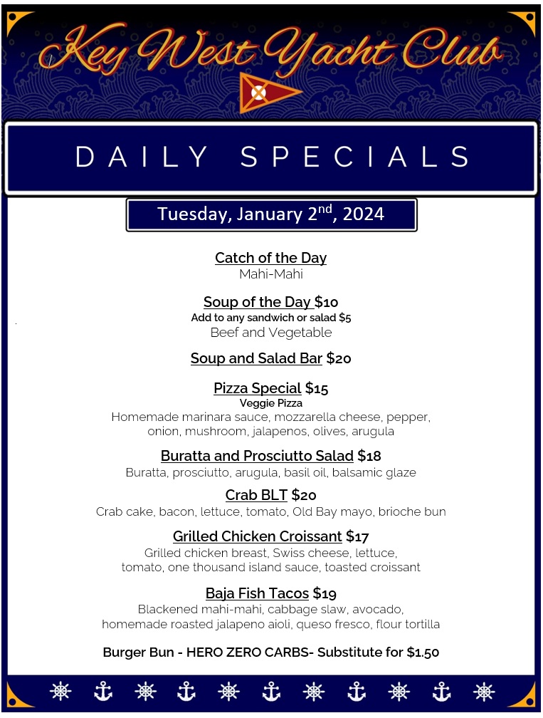 Lunch Menu Key West Yacht Club